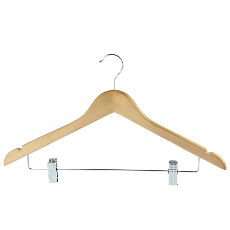 

Factory hot sell wholesale wooden clothes adult hanger with clips, Natural