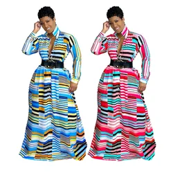 2021 fall casual dresses irregular Rainbow Stripe Print button up maxi shirt dress for women