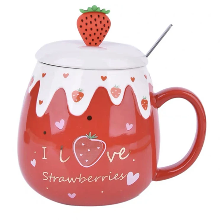 

Fangjuu Korean Pink Strawberry Cute Cartoon Student Ceramic Mug with Lid and Spoon