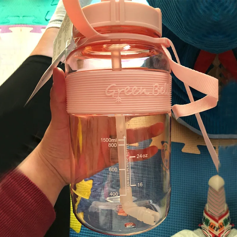 1500ml Plastic Water Bottle for Drinking Sports Water Cup With Straw and straps Portable Travel Fitness