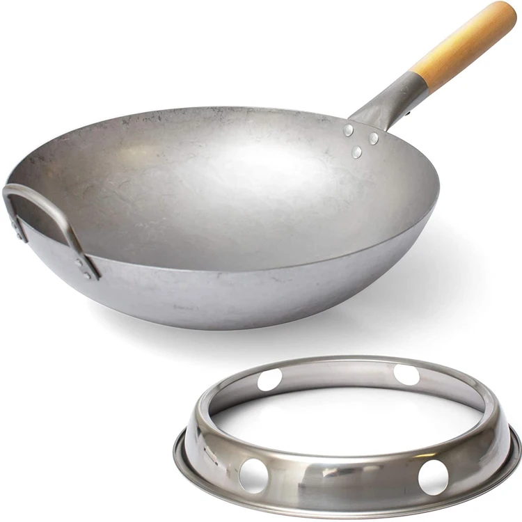 

High Quality 14 Inch Hand Hammered Carbon Steel Wok Set With Wooden Handle