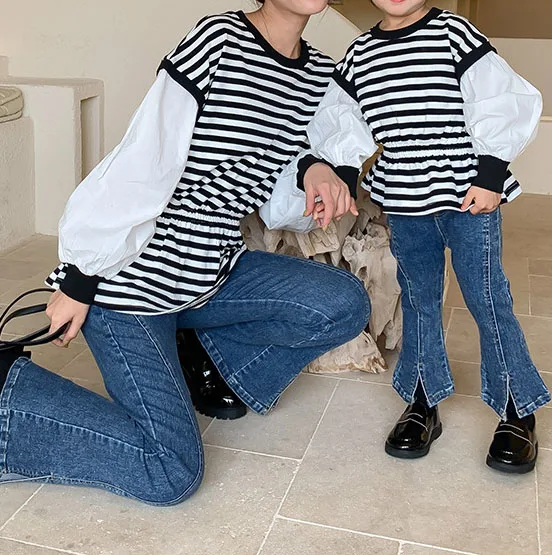 

Boutique Mom And Me Clothing Fashion Family Matching Tops Long Sleeve Striped Print Patchwork Mommy And Me Shirts