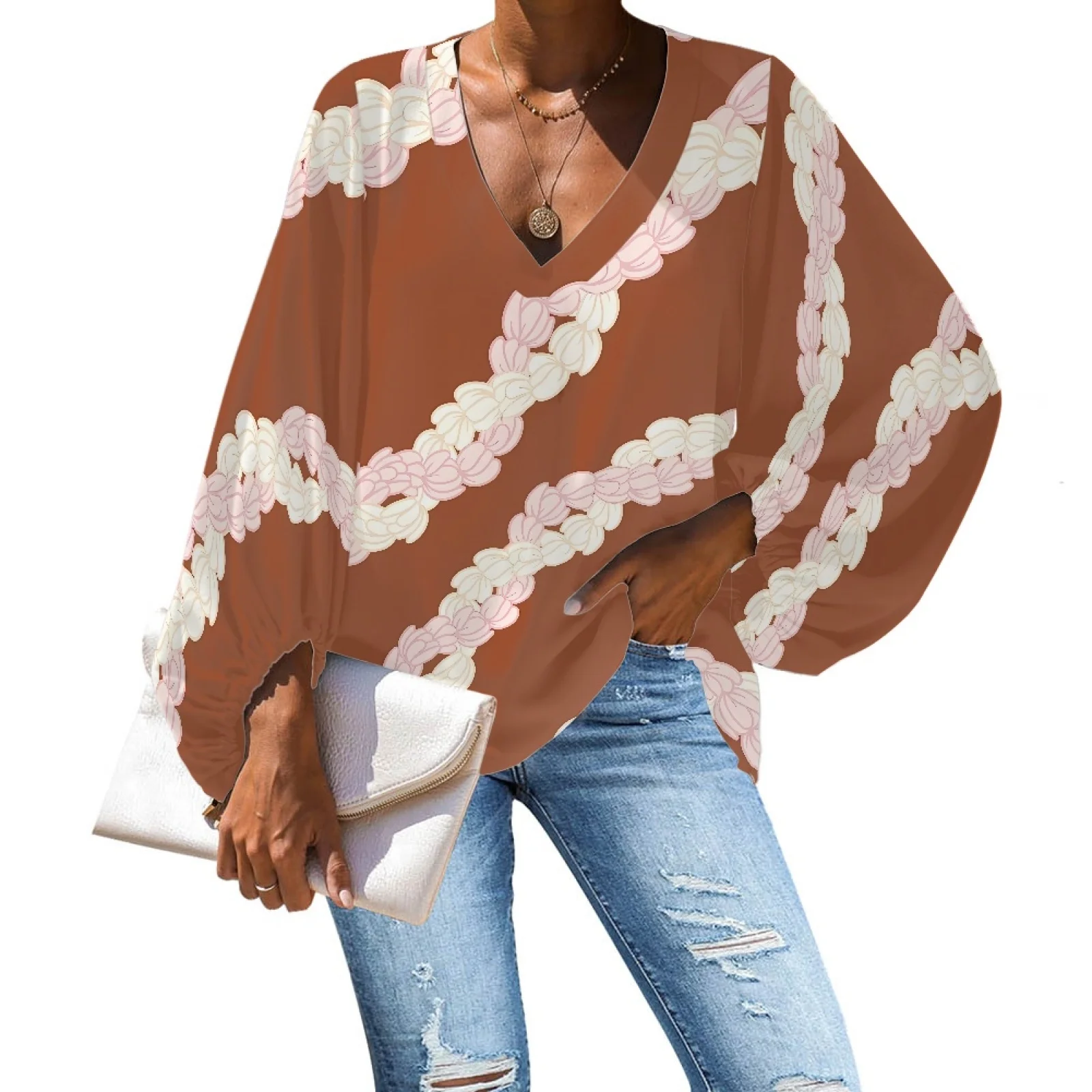 Polynesian Tribal Hawaii Plumeria Floral Chiffon Blouses Summer Long Puff Sleeve Beach Shirt V-neck Sexy Oversize Tops for Lady