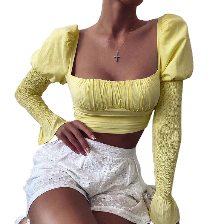 

2020 fall new arrival women smocking long sleeve crop top puff sleeve tops sexy tops woman blouses women clothing, White/oem