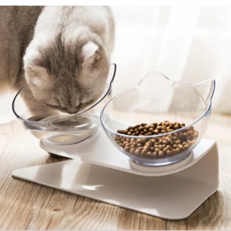 

Double Raised Elevated Modern Cat Food Feeding Water Drinking Bowl with Stand, Transparent, black, white