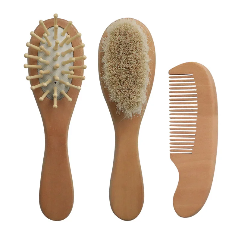 

Hot Sale Newborn Baby Wool Brush Cute Baby Wood Hair Brush Wooden Baby Brush And Comb Set