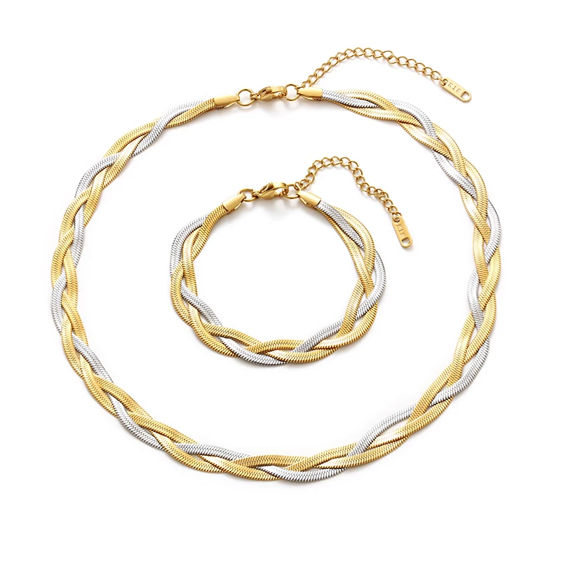 

Wholesale Waterproof PVD 18K Gold Plated Twisted 3 Layer Gold and Steel Twist Herringbone Chain Bracelet Snake Choker Necklace