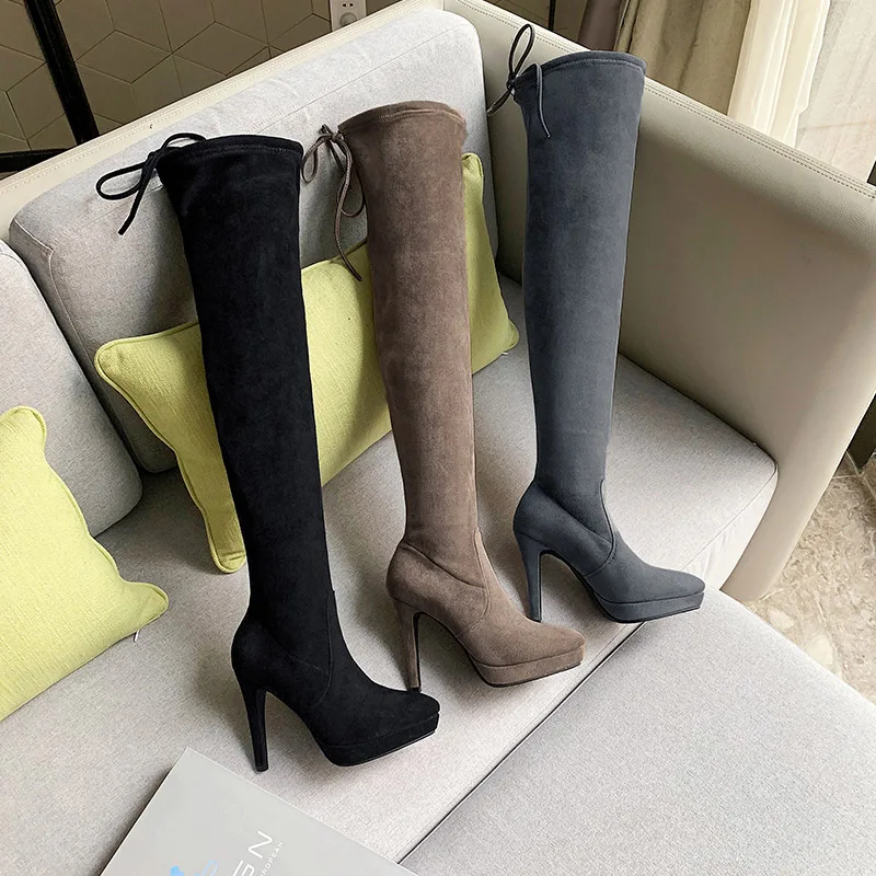 

Fashion Woman Boots Nude Leather Stilettos Suede Winter Boots Large Size, Black/grey/khaki