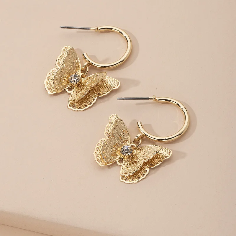 

High Quality Celebrity 14 K Gold Plated Butterfly Pendant C Shape Earrings Crystal Butterfly Earrings For Girls