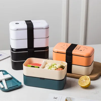 

Custom Food Grade Microwave Heated Bento Tiffin Box 2 Layer Food Storage Container Lunch Box With Spoon And Fork, White,black,orange,blue