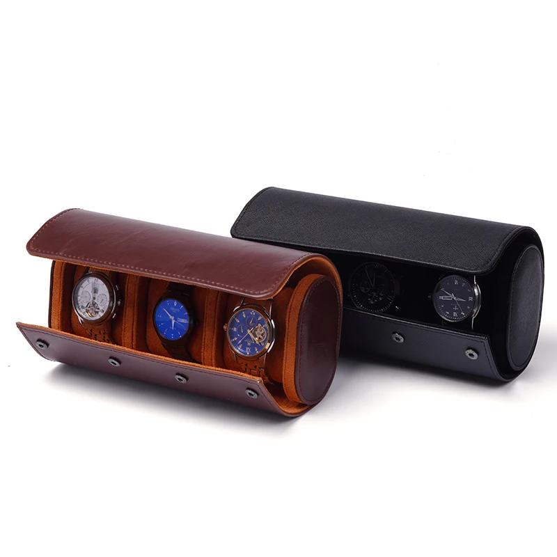 

3 Slot Leather Black Brown Finely Crafted Detachable Multi-functional Travel Watch Bag Case Box