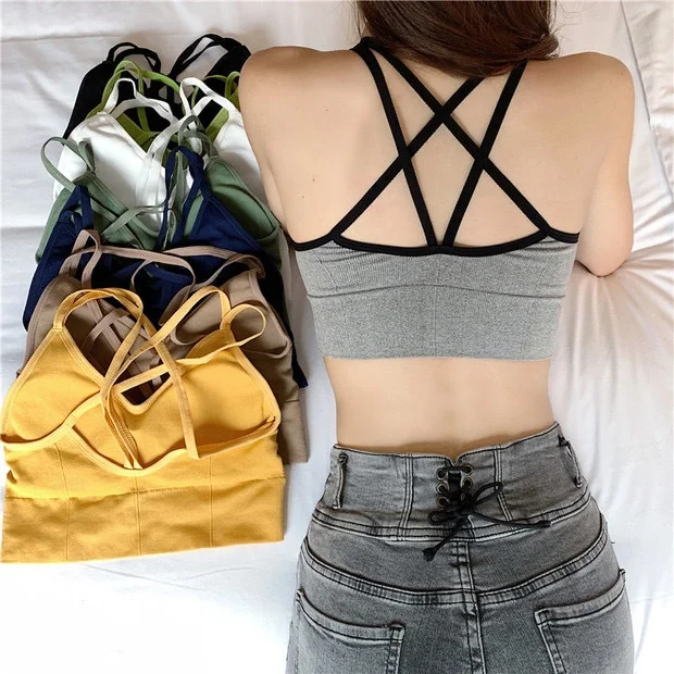 

The new 9936 beautiful back bra women Camisole Halter top camisole, White, yellow, gray, green, black, blue, khaki, fruit green