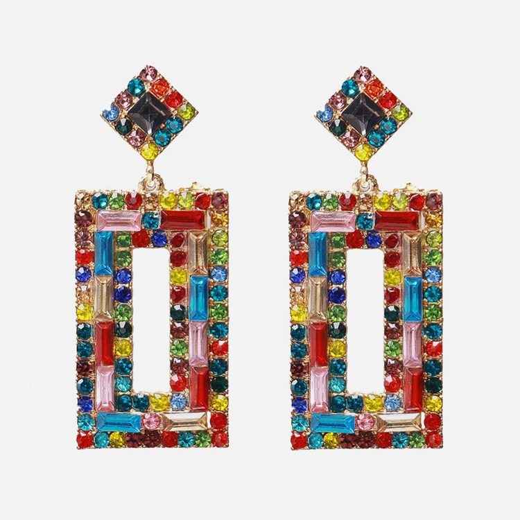 

Factory Wholesale High Quality Rectangle Multi Colors Crystal Earrings Rhinestone Drop Earrings for Women, Platinum/rose gold