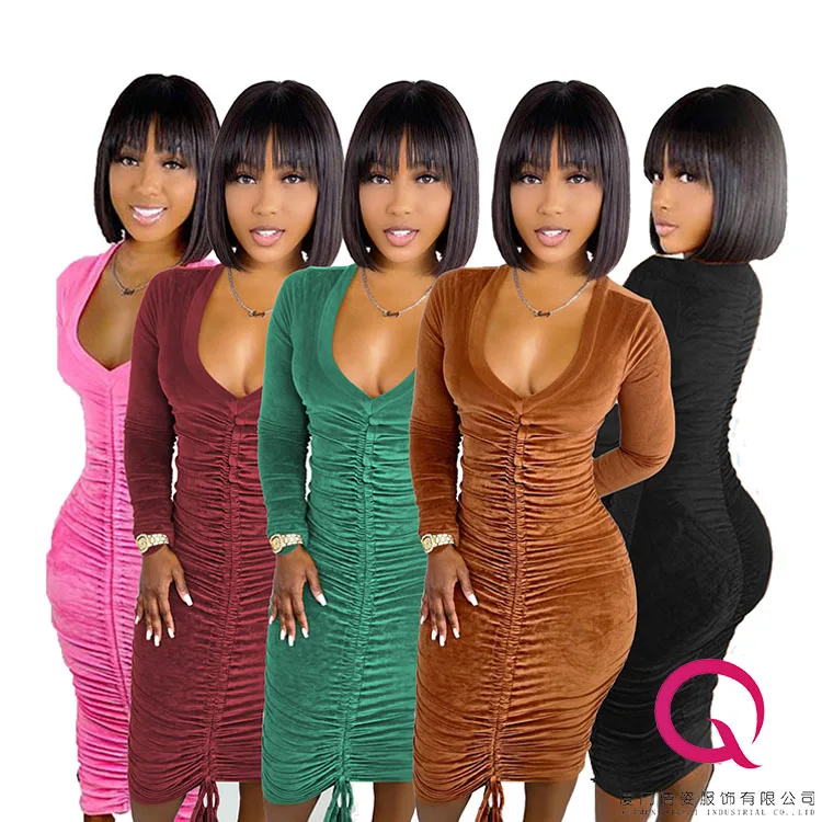 

2022 Spring Fashion Ladies Dresses Velvet Bodycon Sexy Maxi Dress V Neck Pleated Drawstring Long Sleeve Velvet Dress Women, 3 color