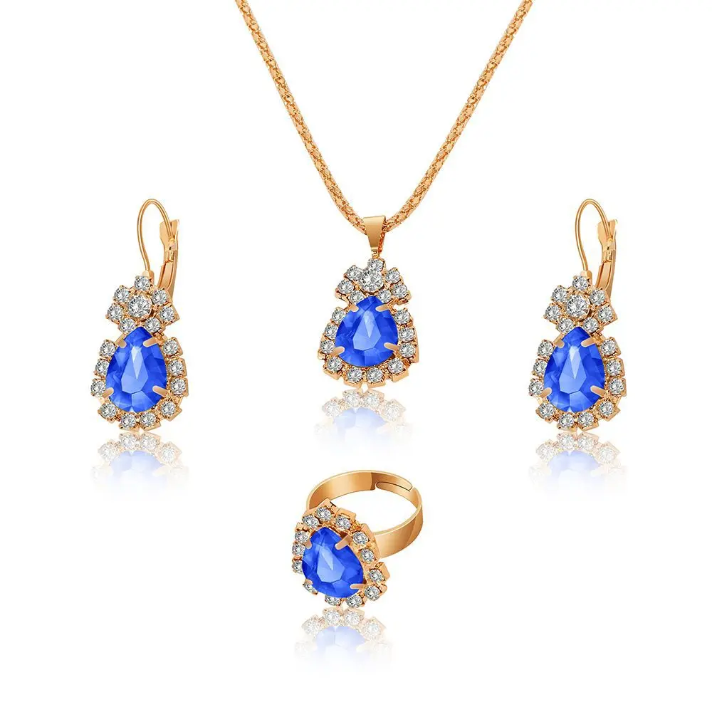 

Full Diamond Water droplets necklace earrings ring Suit Shiny bridal jewelry set