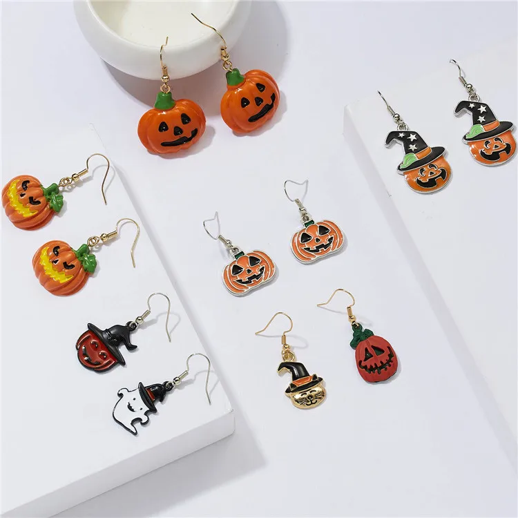 

New Halloween Earrings Demon Ghost Halloween Pumpkin Asymmetric AB Painting Oil Drop Earrings, Picture shows