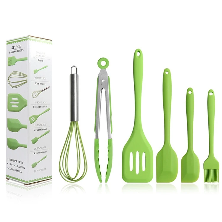 

6 in 1 Silicone Kitchenware Slotted Spatula Scraper Egg Beater Brush Food Clip Set