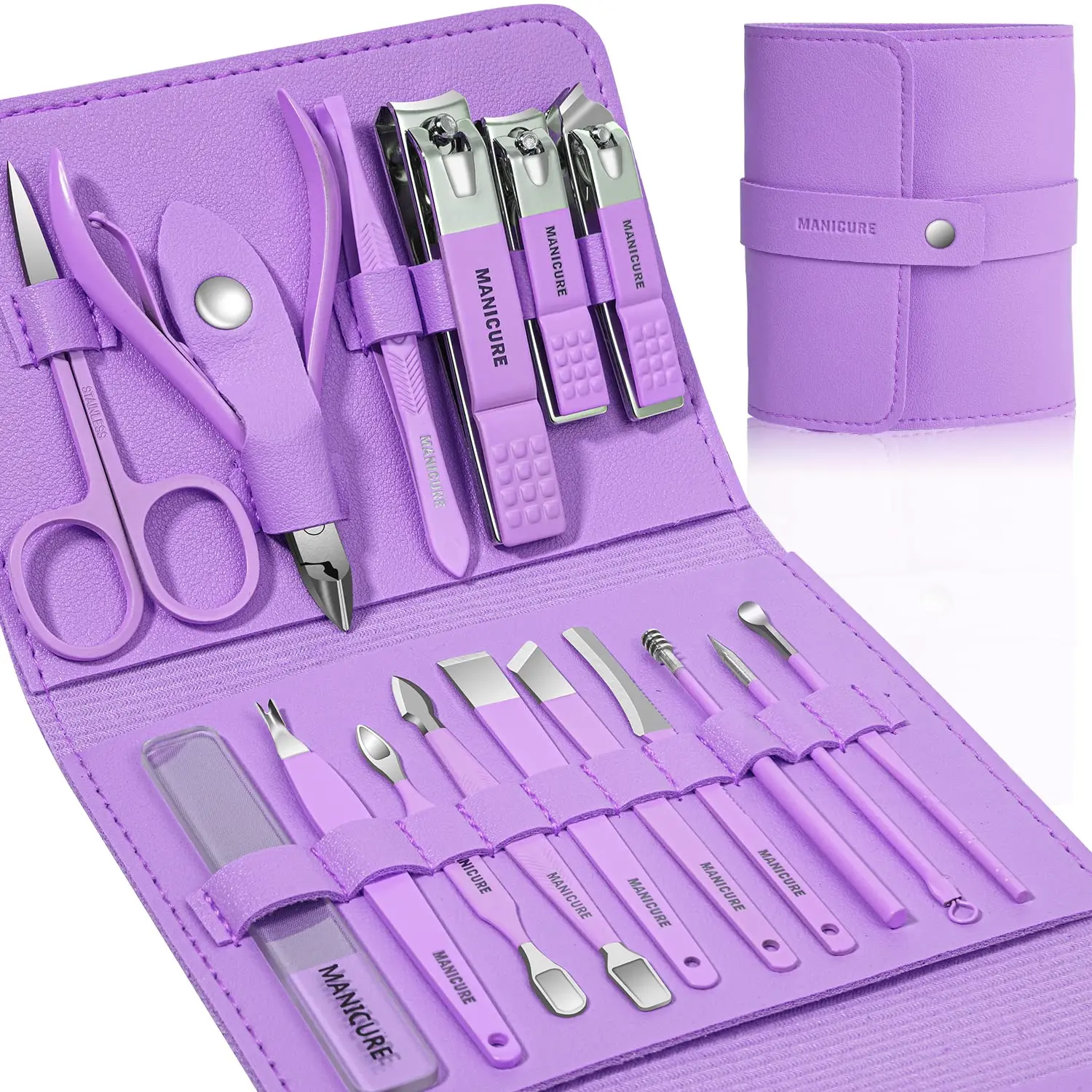 

Manicure Kit 16 pcs Stainless Steel Professional Nail Clippers Pedicure Sets Nail Care Tool Grooming Kit with Luxurious Leather