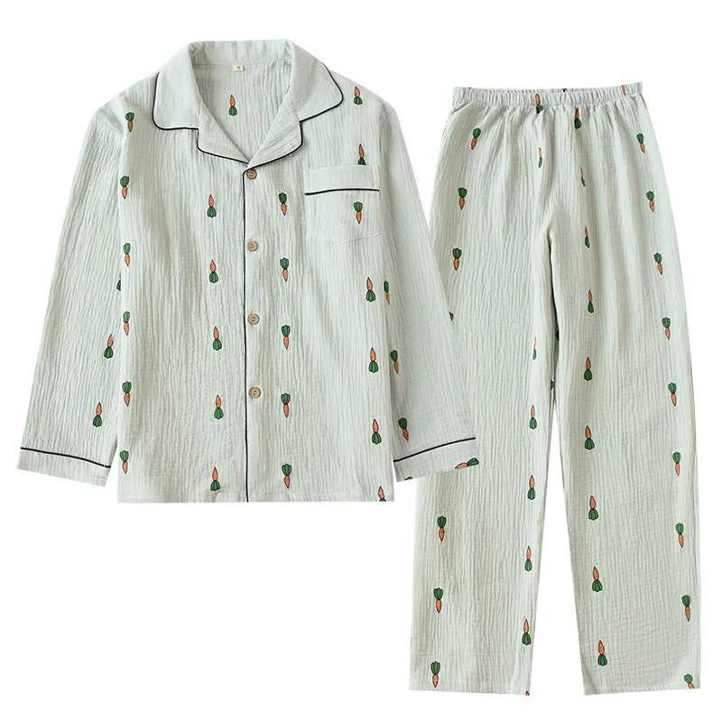 

Men's cotton crepe pajamas carrot print long sleeve pajamas set Fall style home wear