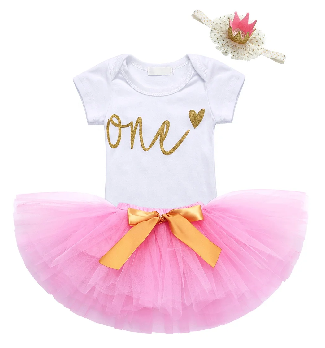 

Newborn one year Baby Girls birthday 3pcs Clothing Set romper top + tutu skirt + headband outfits