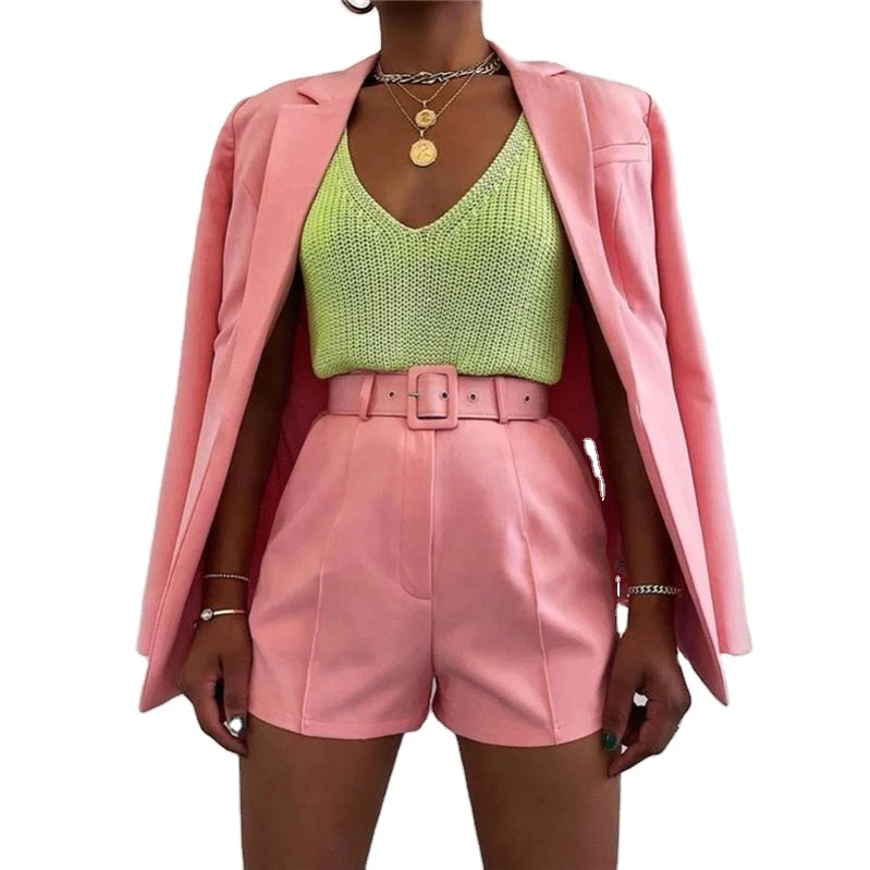 

2021NEW Female Suit Lady Western Wear For Office Suits Blazer Shorts 2 Piece Set Women, Orange,pink,green