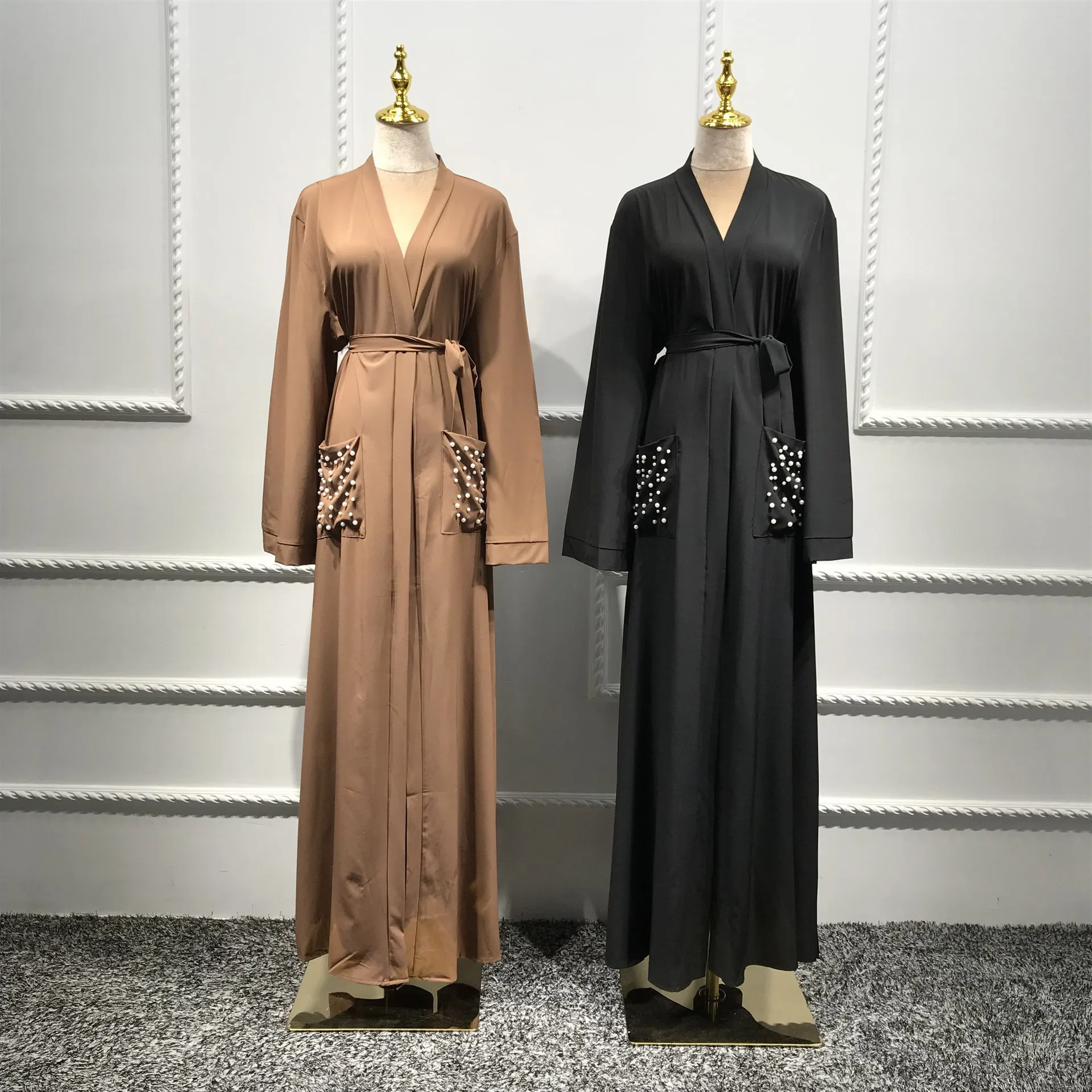

Drop shipping plain colors open long style nail pearl front pocket middle east street clothing newest dubai women islamic abaya