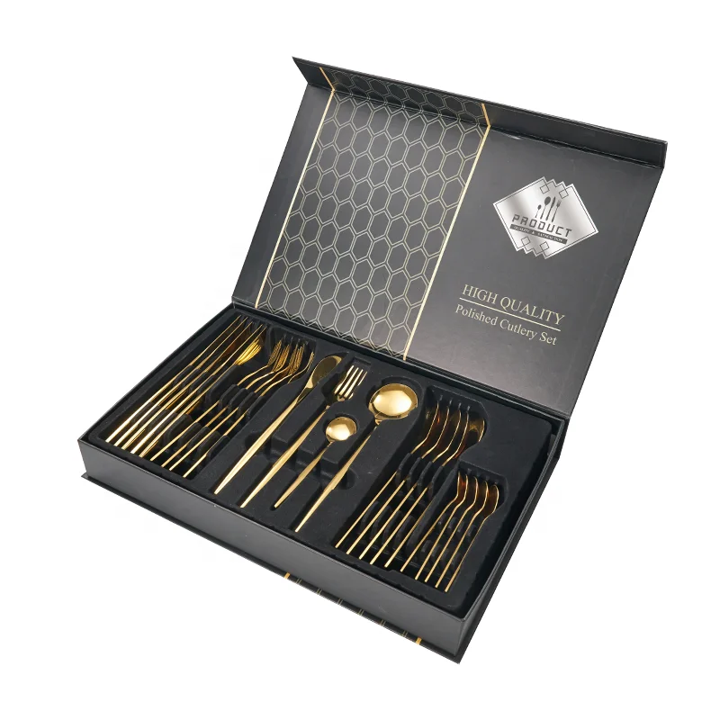 

High quality gold flatware for wedding event, 18 pcs cutlery sets with wooden box