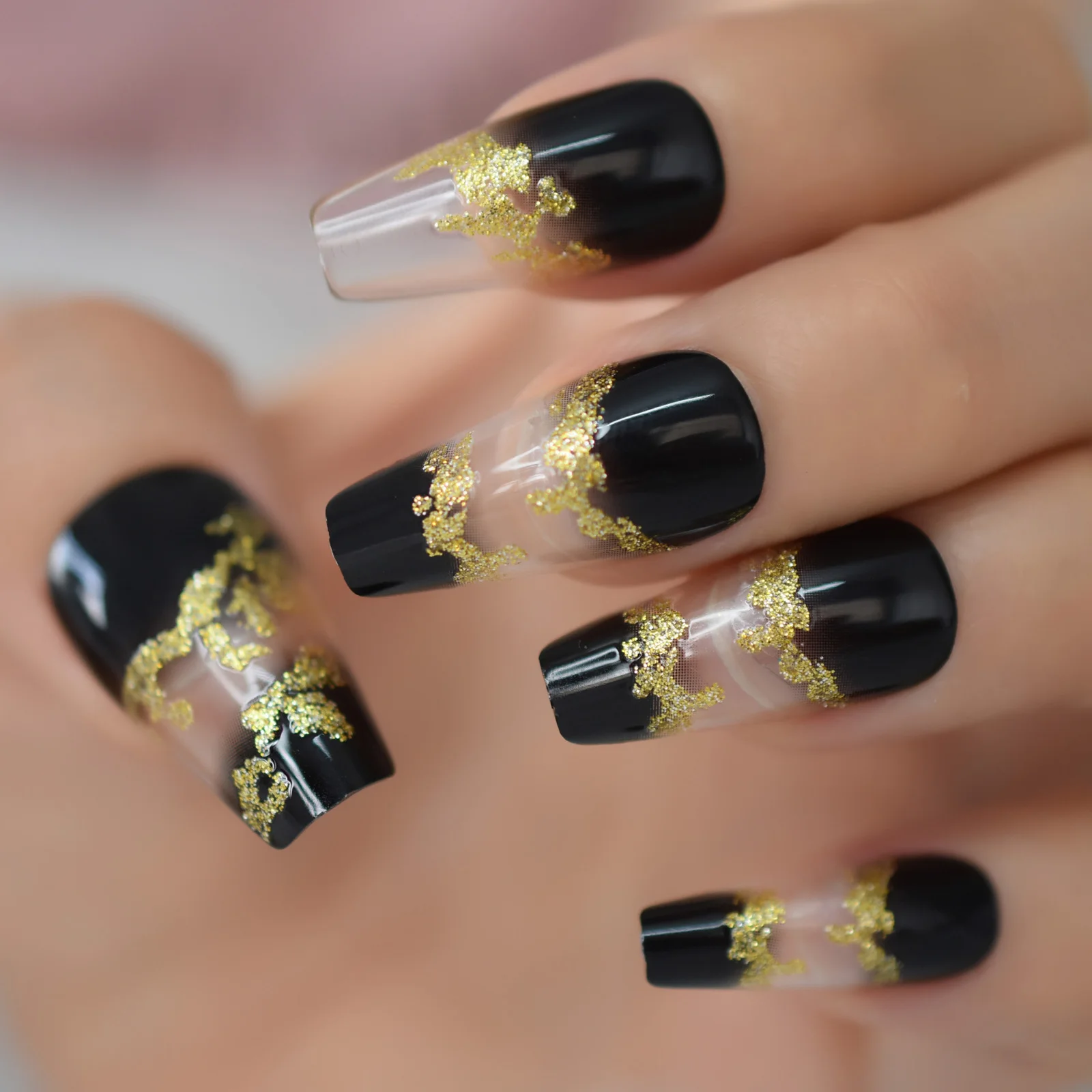 

Glossy Gold Glitter Ombre Black Clear French Ballerina Coffin Press on False Nail Gradient Ballet Fake Nails Tips for Women Girl