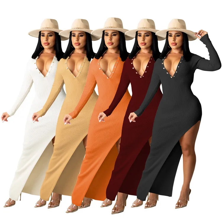 

2021 Hot Sale Sexy Ladies Maxi Dress Long Sleeve Backless Slit Ribbed Fall Women Bodycon Dresses, Picture color