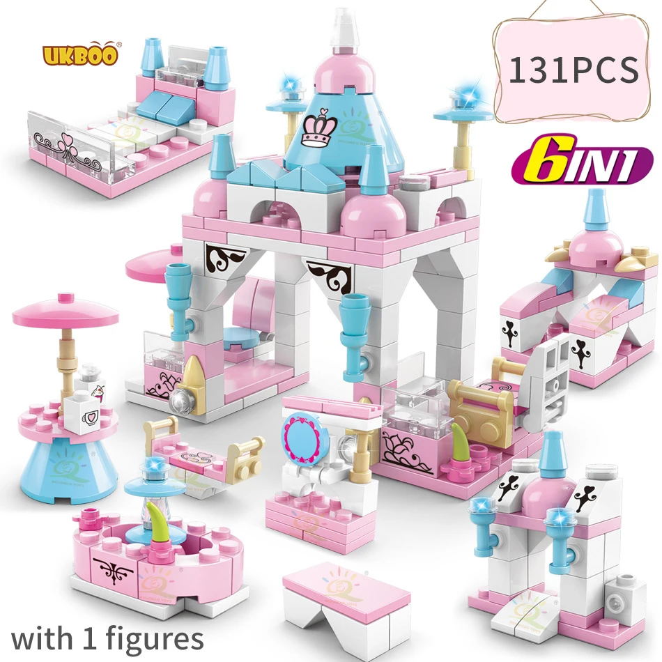 

UKBOO 131 Pcs Friend Series 6 In 1 Girl Gift Pink Castle Palace Gazebos Building Blocks Diy Assemble Toys