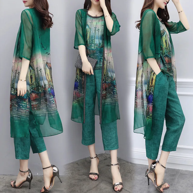 

2021 new arrivals fashion plus size women clothing Three piece suit Chiffon cardigan top Capris casual fashion suit