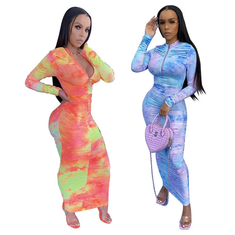 

Autumn sale tie dye long maxi dress zipper half high neck long sleeve women flower printing dresses