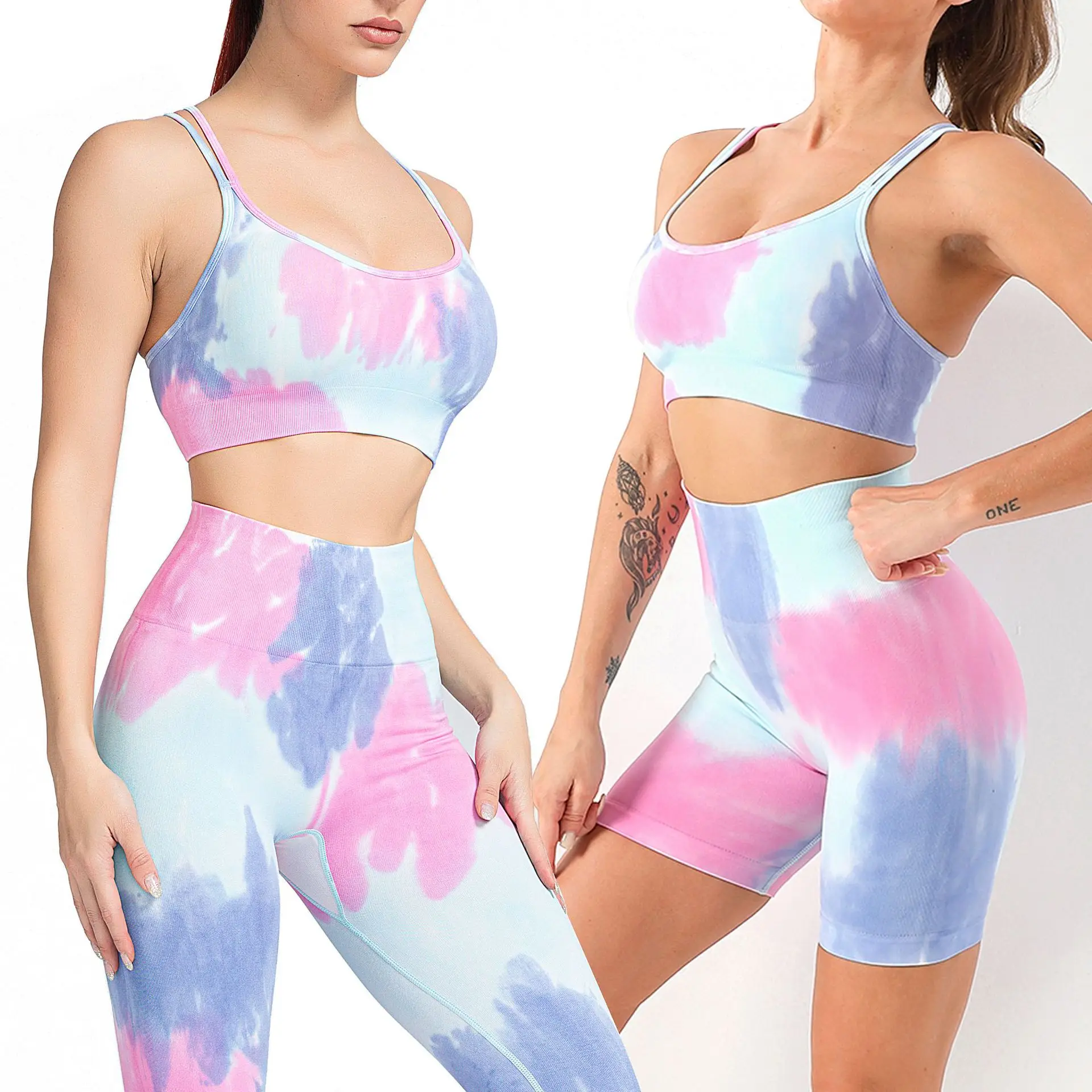 

RTS Women Tie Dye Sportswear Yoga Set Workout High Waist Leggings Gym Shorts Seamless Fitness Sports Bra Tracksuit Yoga Suit