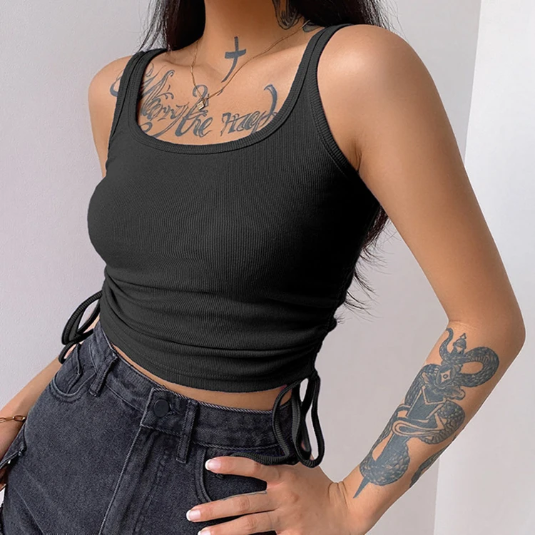 

Casual Solid O-Neck Camisole Crop Top Women Side Drawstring Ruched Black T-Shirt Female Tee Shirt Top for Women Clothing 2022, Black, white, blue, purple