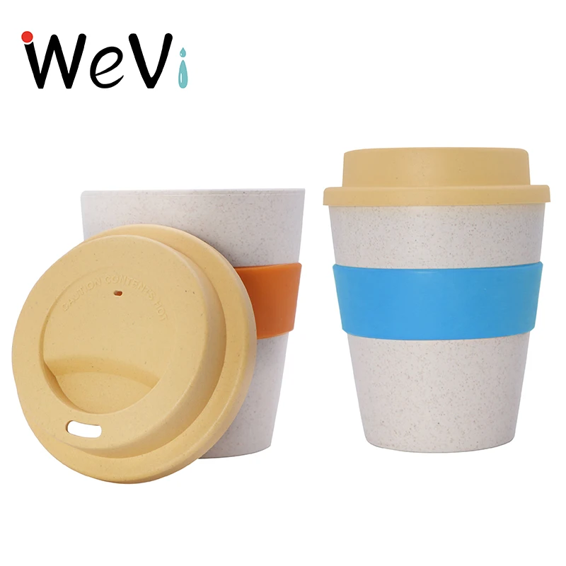 

Wevi Eco Friendly 400ml Reusable Degradable Wheat Straw 100% Bamboo Fiber Cup with Silicone Sleeve Coffee Mugs Travel with Lid, Customized colors acceptable