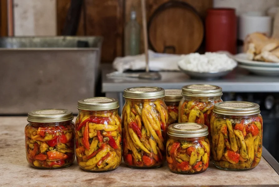 Traditional Caribbean kitchen showing various pepper preservation methods in glass jars