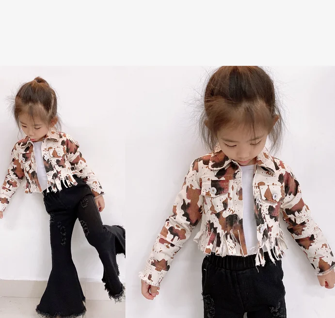 

Wholesale Hot Sale Free Shipping cow print children clothes kids printed denim jacket girls cow print jacket RTS, Blue