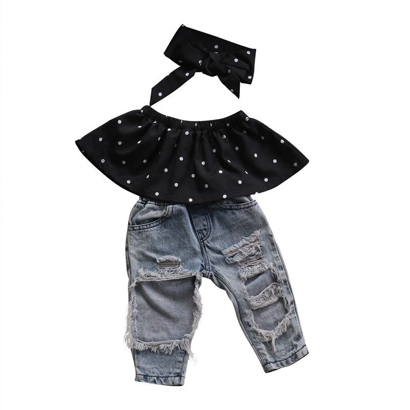 

Coldker Toddler Newborn Baby Girl Clothes Dot Sleeveless Top Vest Hole Jeans Pants Outfits Casual Fashion Summer clothing, Customized color accept