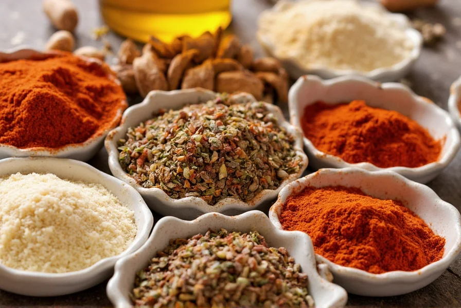 Close-up of authentic jambalaya seasoning ingredients arranged in small bowls: smoked paprika, garlic powder, cayenne pepper, onion powder, dried thyme, dried oregano, black pepper, white pepper