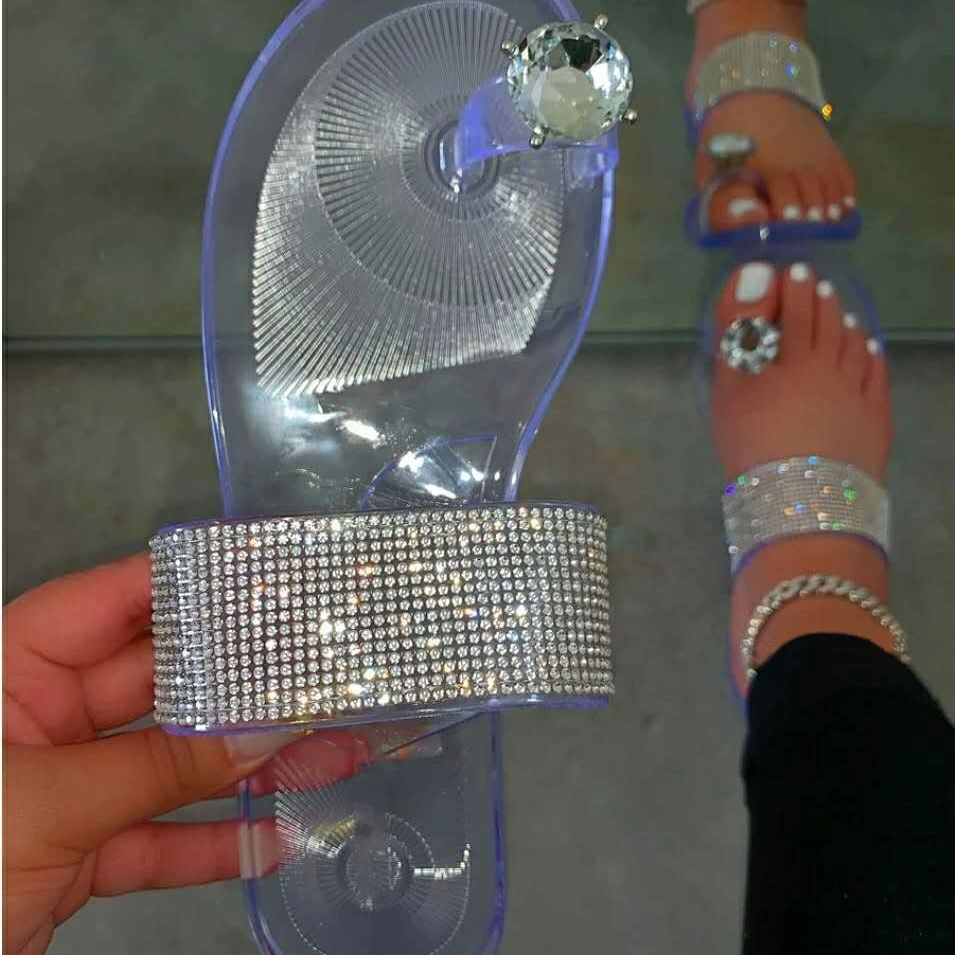 

Hot selling Flat Home Sandals ms Summer New PVC Flip Flops Bling Shoes Diamond Thumb Drill Plus Size Slippers, Customized color