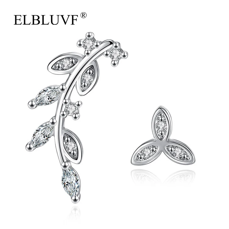 

ELBLUVF S925 Silver Plated Jewelry Asymmetry Leaves Shape Zircon Earrings Jewelry