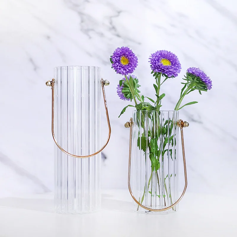 

New Product New Nordic Simple Metallic Color Hand-painted Striped Transparent Glass Flower Vase Home Decoration, As photo