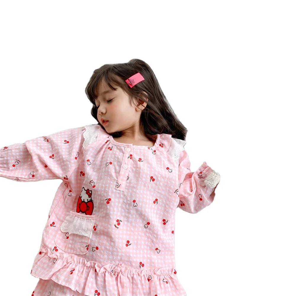 

Cotton home service girls autumn plaid pajamas cartoon embroidery suit
