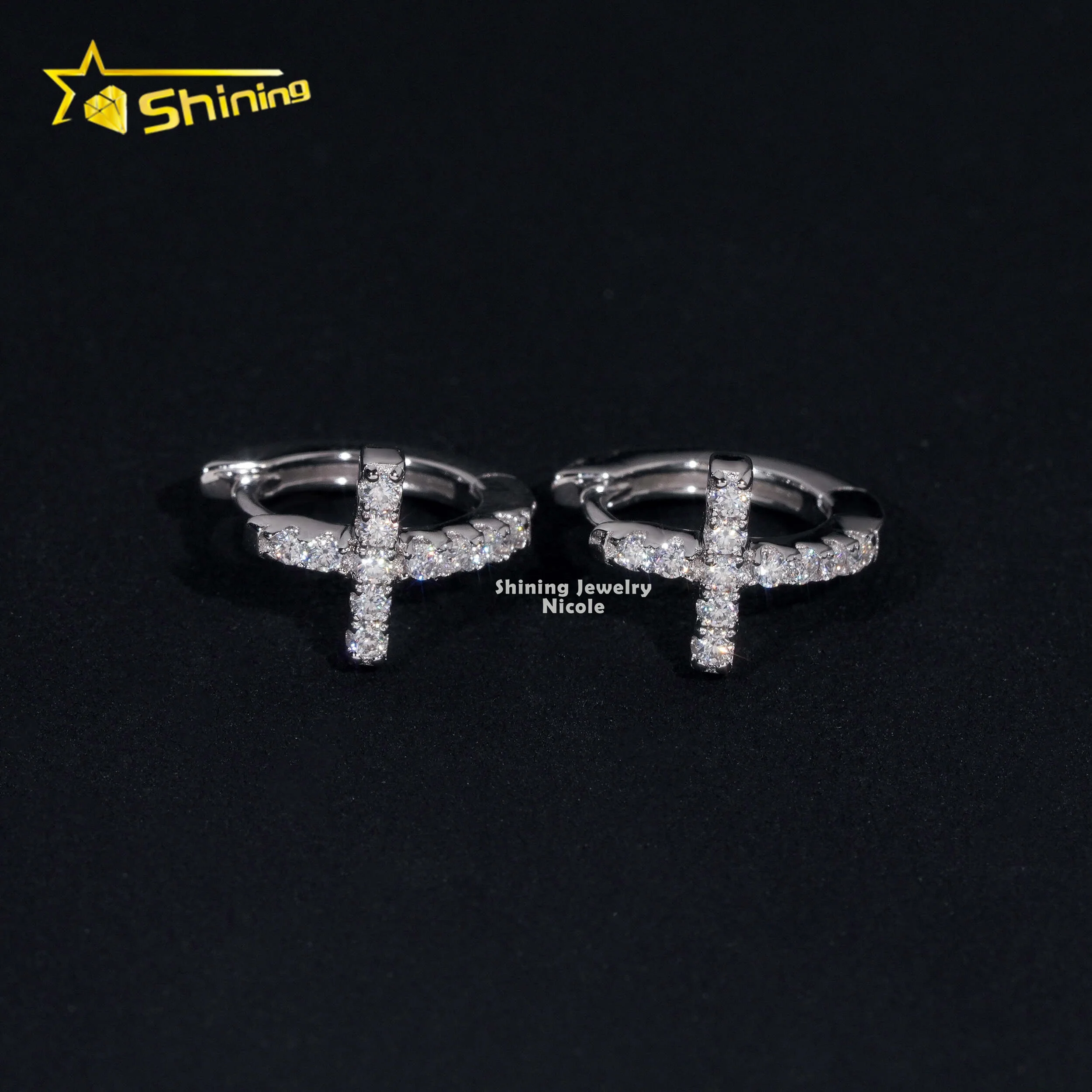 Ready to Ship Pass Diamond Tester Hip Hop Cross Shining 925 Silver Moissanite Hoop Earrings