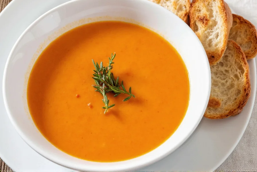 Finished red pepper gouda soup in white bowl with fresh thyme garnish and crusty bread