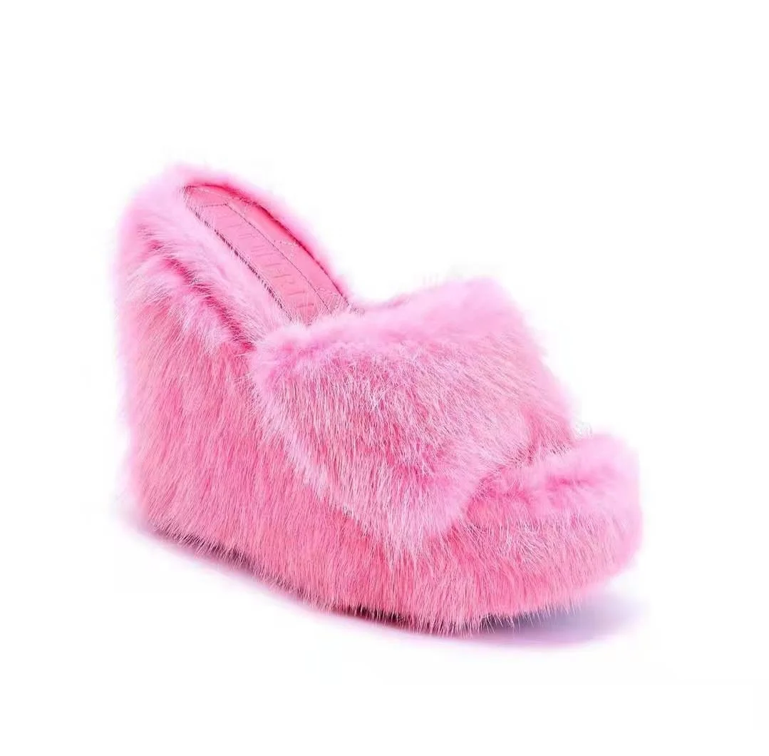 

LE SLIDES New Pure Color Round Toe Soft Leather Insole Wedge Fuzzy Fur Platform Green Slippers Flip-flops Women, Black white green blue yellow blue pink