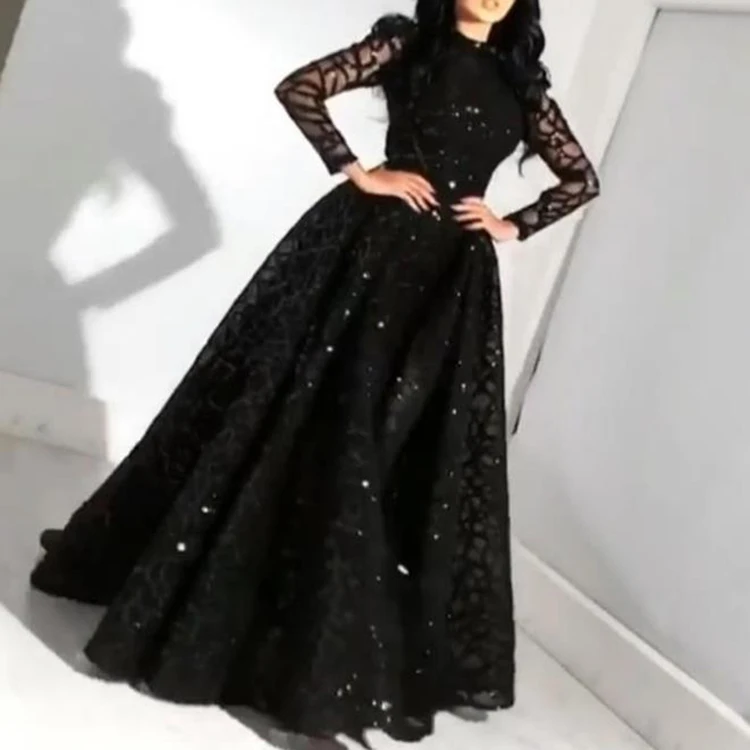 

Spring and summer 2020 new women's long sleeve sequins swing evening dress