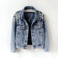 

2020 Spring Autumn Women Basic Coats Women Denim Jacket Pearls Beading Fashion Jeans Coat Loose Long Sleeve Jackets