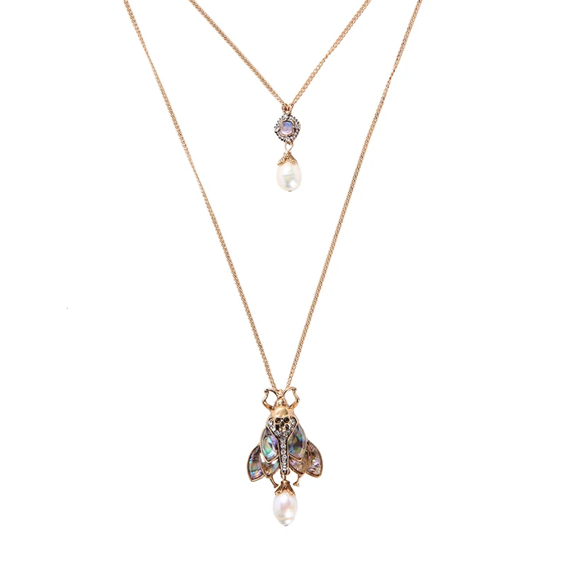 

x9122140 Latest Design Vintage Gold Skull fly Insect Crystal Shell Freshwater Pearl Jewelry Double Layered Pendant Necklace