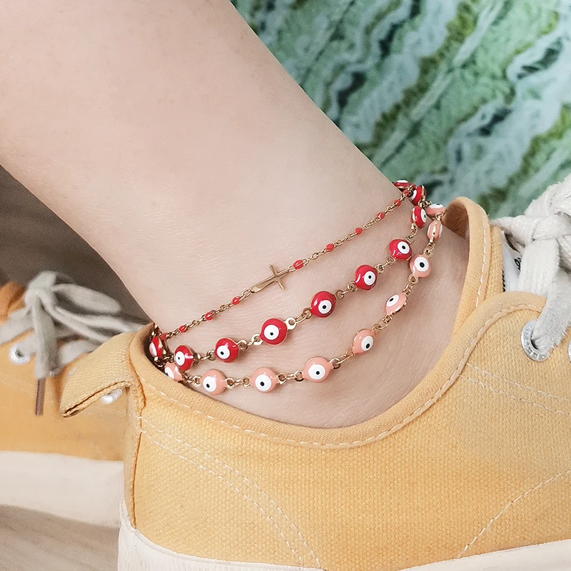

Good qualily 2021 wholesale trendy woman jewelry red blue eyes anklet 18k gold plated stainless steel Turkish evil eyes sandals